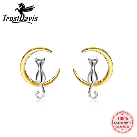 TrustDavis 100% 925 Solid Real Sterling Silver Cat Stud Earring Cute Gift Earrings For Women Girl Ki