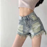 Women's high-waisted wide-leg Denim shorts with little tears, sexy street style Denim shorts for wom
