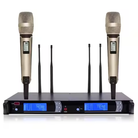 SKM-9000 200 Channel Wireless Stage Performance Singing Karaoke Microphones System 4 Antenna Champag