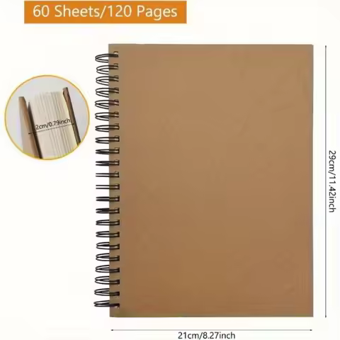 1Pc A4 Sketchbook Spiral Bound Kraft Cover Blank Page Travel Painting Landscape Sketch Pad