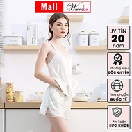 Đồ bộ mặc nhà lụa cao cấp WANNABE BSS39 đồ bộ quần sọt phối áo 2 dây lưng cut-out viền ren gợn sóng 