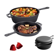 Cast Iron Multi Cooker Skillet Set , 26cm/5L Dutch Oven for Bread, Frying, Cooking  Iron Pan With Li