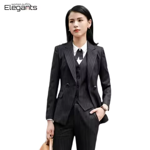 Office Style Striped Black Blazer Pants Suits Women 3 Piece Set Waistcoat Trousers Jacket Business L