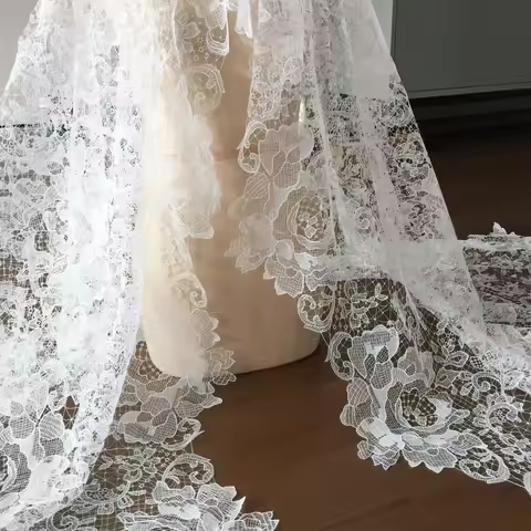 1 Yard Ivory Exquisite Alencon Lace Fabric with Crochet Pattern Floral Emrboidery Fabric for Wedding
