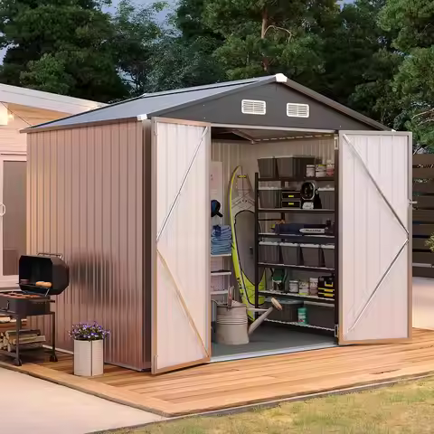 8x6FT Shed with Floor Galvanized Steel Outdoor Storage Shed Metal Garden Shed with Double Doors, Moi
