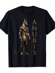1Pc Limited Edition Men's Egyptian Anubis Graphic T-Shirt - 100% Cotton Black With Golden Lettering 