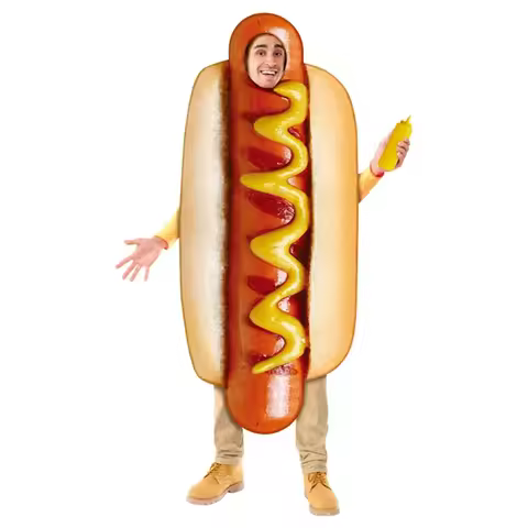 Funny Cosplay Unisex Food Sausage Hot Dog Costume Tunic Sponge Suit Men Women Purim Halloween Carniv