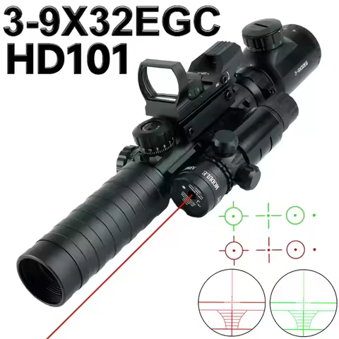 3-9X32EG Tactical Optic Scope Combo Red/Green Laser Illuminated Rifle Scope HD101 4 Reflex Reticle D