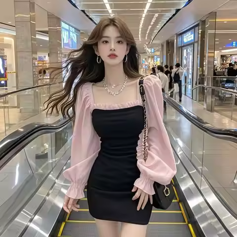 French Splicing Color Square Collar Lantern Sleeve Dress New Sweet Age-reducing Fashion Pure Lust St