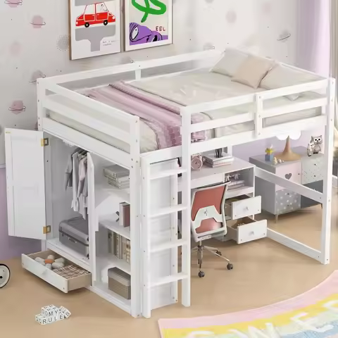 Twin Loft Bed.Full Size Loft Bed with Desk & Wardrobe, Wood Loft Bed with Storage Drawers and Shelve