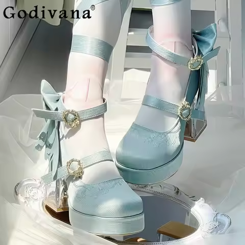Original Lo Cos High Heels Spring and Autumn New 2025 Japanese Girls Women's Cute Bow Elegant Platfo