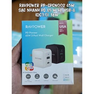 Củ sạc siêu nhah hai cổng Type C PD và USB-A RAVpower RP-CPCN002 65W GaN dùng cho các dòng điện thoạ