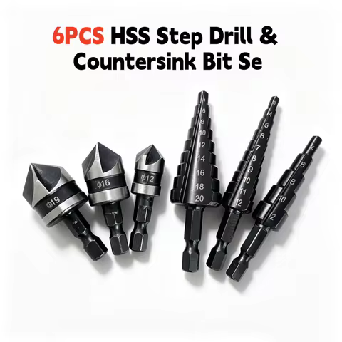 6Pcs HSS Step Cone Drill Bit & Countersink Bit Set Hex Shank Multi Sizes Hole Opener for Metal Wood 