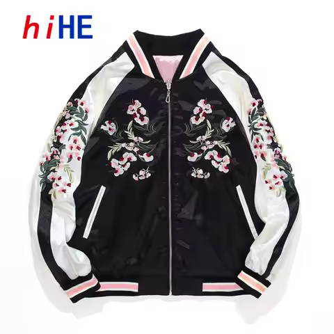 Women's Satin Sukajan Embroidered Baseball Jacket 2 Double Sided Female Coat Floral Harajuku Autumn 