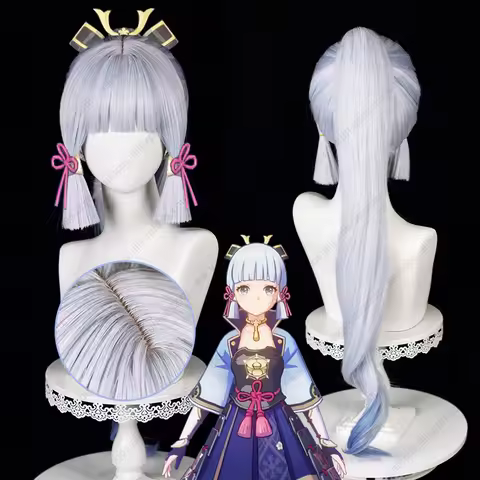Kamisato Ayaka Cosplay Wig 75cm Long Silver Blue Ponytail Wigs Heat Resistant Synthetic Hair