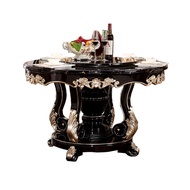 XYBanlun Mansion European-Style Dining Table Solid Wood Oak Marble round Table Ebony Color Dining Table and Chair Dining