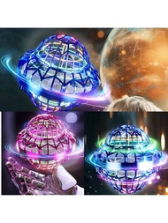 Un conjunto de bola flotante de inducción de bola giratoria inteligente, juguete de tecnología negra UFO mágico flotante de palma, juguetes de disco volador de retorno inteligente mágico de luz de dedo.