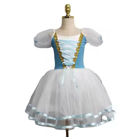 New Girls Child Long Tulle Dress Skate Ballerina Dress Puff Sleeve Chorus Dress Romantic Tutu Gisell
