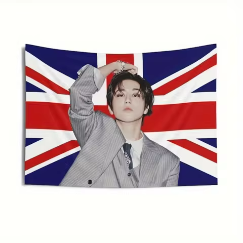 1pc SKZ Han Jisung British Flag Tapestry Kpop Idol Portrait Wall Hanging with Union Jack Background 