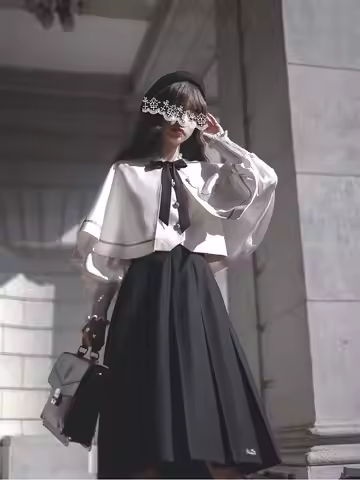 2026 New Japanese Korean Preppy Lolita 3-Piece Outfit Satin Cape + Bow Blouse + Pleated Skirt Street