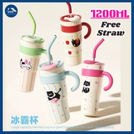 1200ML Cute Thermos Bottle Tumbler Ice Cup with Straw 304 Stainless Steel Large Capacity Portable Wa