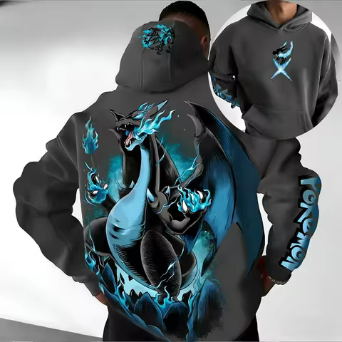 Pokemon Anime Charizard Cotton Hoodie and Harajuku Pants Set Gray Character Print Two Piece Outfit C