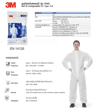 3M Protective Coverall 4545 ชุดป้องกันฝุ่น เชื้อโรคและสารเคมี EN 14126 PPE