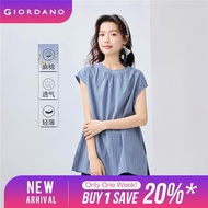 GIORDANO Women Blouses Linen Cotton Pleated Crewneck Blouses Cap Sleeve Mid Length Stripe Simple Fas