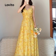 (trendy3) Lovito Casual Dress Structure Line Pleated Spring/summer Yellow Dress for Women L138ED249 