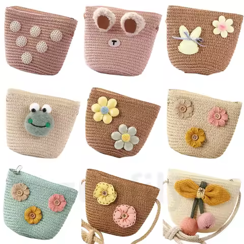 New 2022 Summer Children Girls Shoulder Bag Daisy Flower Straw Bag Messenger Bag Kids Keys Coin Purs