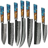 Kitchen Utensils Set of 7 Damascus Steel Knife Set with Resin Wood Handle Premium Home & Kitchen Nev
