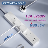 Extension Lead with 4 USB Slots, 4 Way Plug Extension Socket Power Strip with 2M Extension Cord Wall