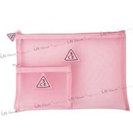 韓國3CE Mesh Pouch PINK 簡約透氣粉色 網紗包 化妝包 收納包 證件包 2件組