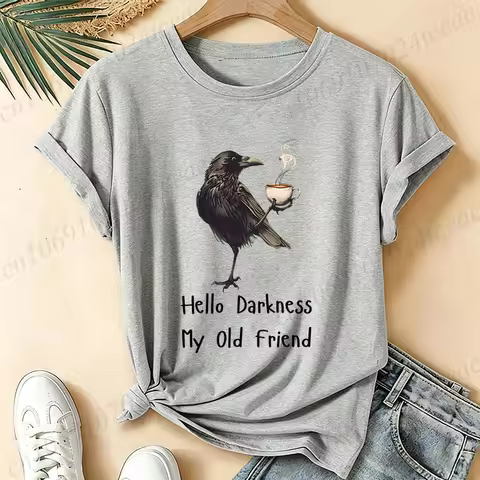 Women Hello Darkness My Old Friend Crow Coffee Graphic T Shirt Vintage Tee Gothic Raven Print Short 