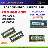 DDR3/PC3/DDR3L/PC3L 1Rx8/2Rx8 2GB/4GB/8GB 1333Mhz/10600s/12800/1600 Laptop Notebook RAM [ USED ]