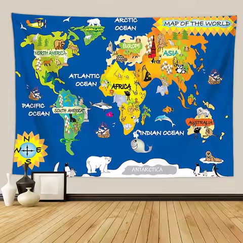 Nordic Style Animal World Map Tapestry Wall Hanging Children's Room Living Room Decor Beach Towel Th
