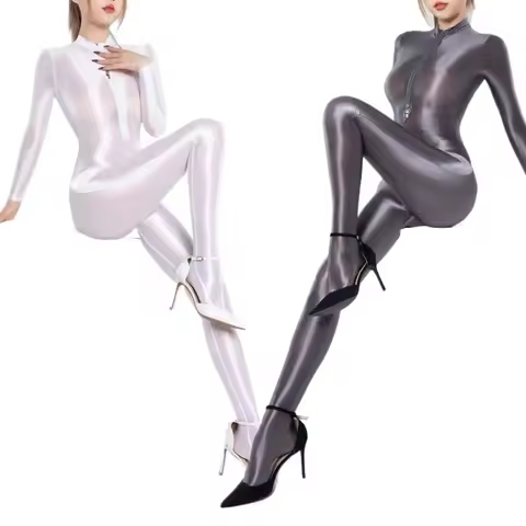 Womens Shiny Satin Glossy Silky Leotard Jumpsuit 2 Zipper Open Bust & Crotch Bodysuit Catsuit