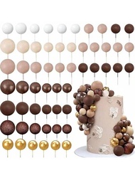 56入組彩色球形蛋糕挑插，珍珠球形杯子蛋糕插頭，適用於生日婚禮裝飾用品棕色系七種顏色