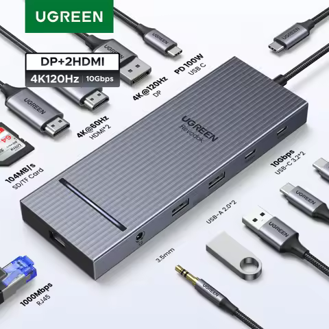UGREEN USB HUB 4K120Hz DP Type-C to 4K60Hz 2xHDMI SD/TF RJ45 3.5mm USB3.2 Gen2 10Gbps Data for Lapto