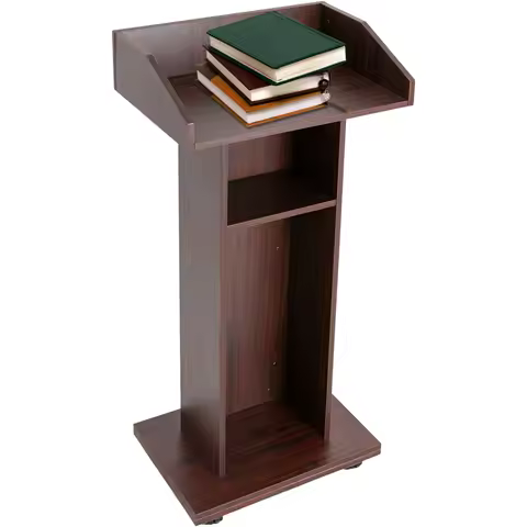 Portable Wooden Podium Hostess Stand with Wheels Speaking Podium with Storage Shelf, Pulpit Podium f