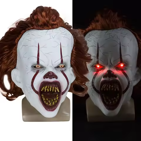 Halloween Horror LED Clown Mask Pennywise Cosplay Latex Glowing Joker Mask with Multicolor Hair Wig 