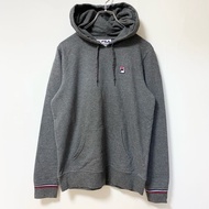 古著 FILA 長袖連帽衫，帶有單點徽標刺繡，灰色，前口袋，尺寸 M
