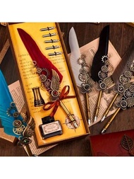 一套禮盒包裝的書法鵝毛筆和鋼筆,古董書法鋼笔沾水筆,機械齒輪魔幻風沾水筆,適用於繪畫、簽名和復古裝飾,翼裝創意沾水筆,歐洲復古羽毛筆套裝