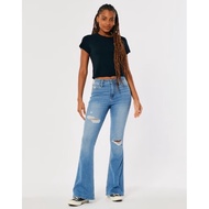 HOLLISTER Curve Beautiful High Waist Distressed Medium Washed Flared Jeans Large Size Ripped Trouser