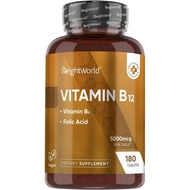 WeightWorld Vitamin B12 5000 mcg - 180 Vegan Tablets (6 Months Supply) - with Vitamin B6 (2 mg) & Fo