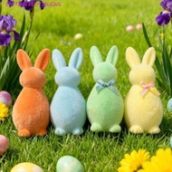 VINTAGEBOUT Easter Bunny Statue, with Bow Plush Flocked Rabbit Figures, Handmade Solid Color 3D Stan