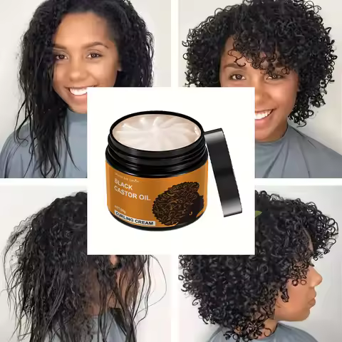 Black Castor Oil Curl Cream, Styling Curl Cream, Long-Lasting Frizz-Free Curls, Moisturizing and Ela