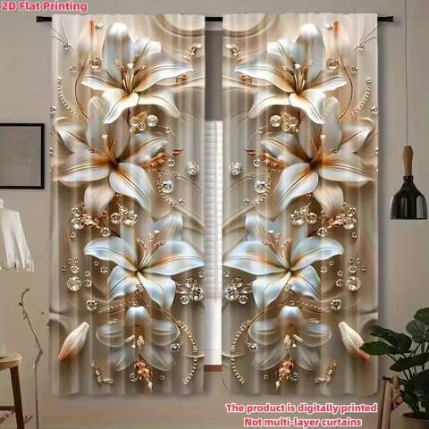 2PC 3D Golden Lily Curtains - Luxury Floral & Rhinestone Print Window Drapes for Bedroom Living Room