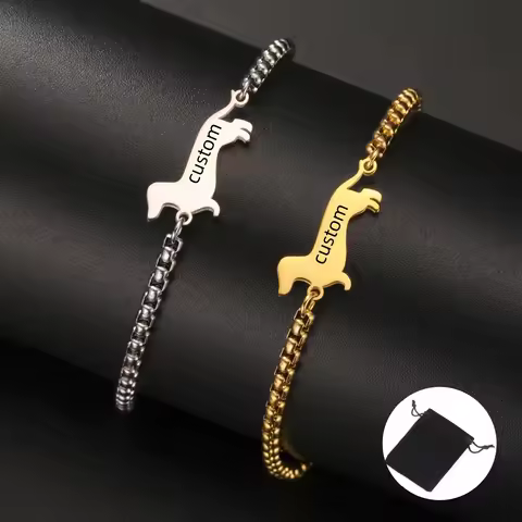 Customized Name Date Sausage Dog Charm Bracelet Stainless Steel Personalized Pet Sausage Dog Bracele