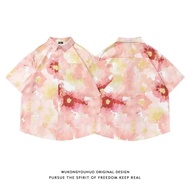M-3XL Fashion Unisex Korean Style Trend Flower Print Short Sleeve Flower Shirt Men's Vintage Loose Relaxed Beach Hawaiian Polo Button Shirt Pink Clothing